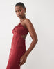 Bardot Satin Cami Lace Detail Midi Dress In Burgundy