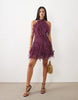 Lace & Beads Tulle Halter Ruffle Detail Tiered Mini Dress In Magenta Purple
