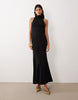 Crepe Scarf Detail With Plunge Back In Black In Scuba-Style Fabric