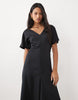V Neck Satin Midi Tea Dress In Black