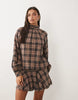 High Neck Mini Dress With Dropped Waist In Tan Check