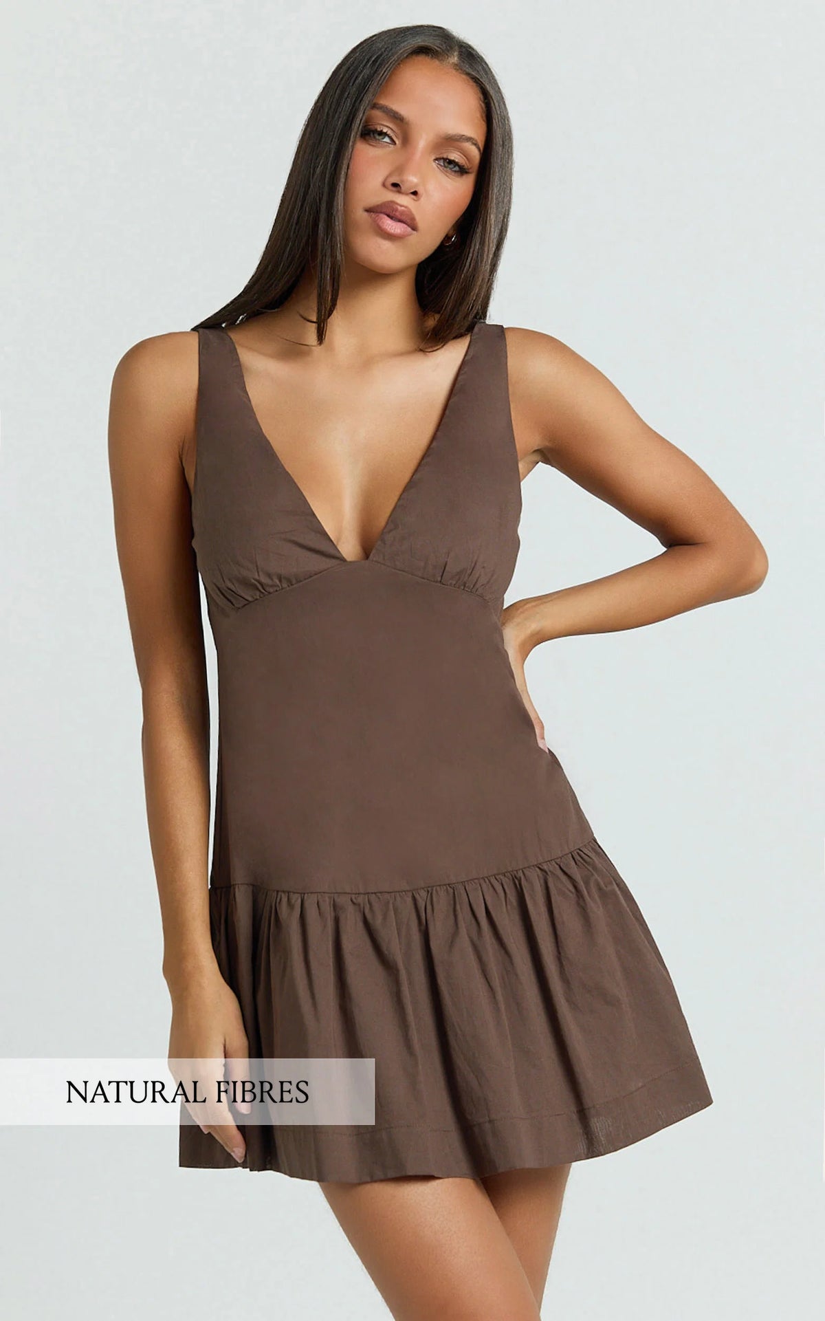 Virginia Mini Dress - Dropped Waist Gathered Mini Dress in Chocolate