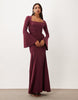Slinky Square Neck Maxi Dress With Ruched Bodice In Berry