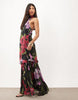 Dropped Hem Printed Stretch Chiffon Halter Maxi Dress In Black Floral
