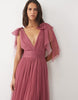 Lace & Beads Madison Tulle Bow Shoulder Plunge Neck Maxi Dress In Dusty Pink