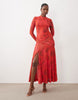 Bardot Mesh High Neck Twist Detail Side Split Maxi Dress In Red Floral Print