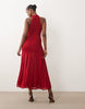 Bardot Mesh High Neck Ruched High Split Maxi Dress In Deep Cherry