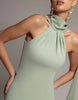 Goddiva Sculpting Stretch Jersey & Velvet Satin Cape Sleeve Halterneck Maxi Dress In Sagegreen