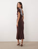 Lace Applique Grown On Sleeve Bias Cut Satin Midi Dress In Plum