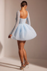 Embellished Long Sleeve Tulle Skirt Mini Dress in Blue