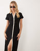 Button Front Cap Sleeve Midi Dress With Contrast Tipping In Black