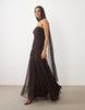 Lace & Beads Mesh Strapless Ruched Scarf Detail Maxi Dress In Chocolate Plum