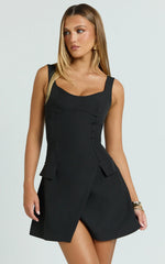 Rachel Mini Dress - Square Scoop Neck Buckle Pocket Leg Split Knee Length Dress in Black