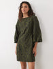Yas Volume Sleeve Slash Neck Jacquard Mini Dress In Dark Olive
