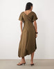 V Neck Satin Midi Tea Dress In Olive