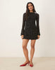 Flocked Floral Mini Dress With Flute Sleeve In Black