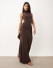 High Neck Godet Detail Column Maxi  Dress In Brown
