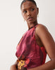 One Shoulder Satin Maxi Dress With Pleat Detail In Red Floral Print