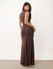 High Neck Godet Detail Column Maxi  Dress In Brown
