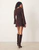 Flocked Floral Mini Dress With Flute Sleeve In Chocolate Brown