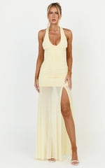 Kori Maxi Dress - Ruched Halterneck Mesh Dress With Racer Back in Lemon