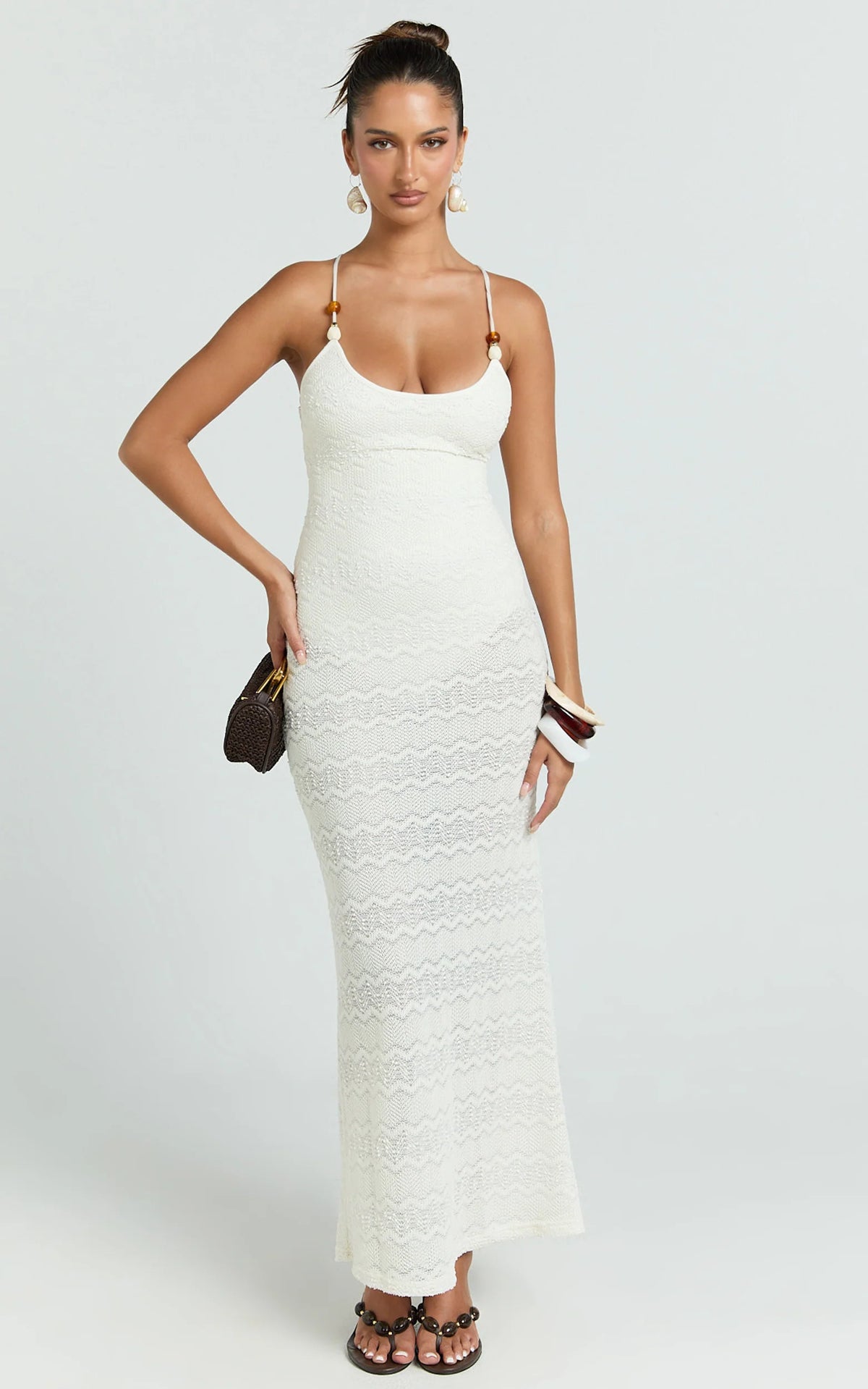 Bonnie Maxi Dress - Beaded Strap Detail Cross Tie Back Dress in Ivory