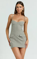 Angela Mini Dress - Sweetheart Neck Bodycon Checkered Dress in Beige Check