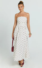Polly Midi Dress - Strapless Ruched Dress in Red Polka Dot