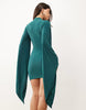 Sculpting Mandarian Detail High Neck Mini Dress With Exaggerated Sleeve In Teal