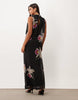 Asymmetric Printed Mesh Blouson Maxi Dress With Grown On Neck In Black Floral