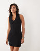 Plunge Front Grown On Neck Mini Dress In Black