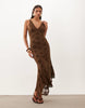 Pretty Lavish Lace V Neck Asymmetric Hem Maxi Dress In Chocolate