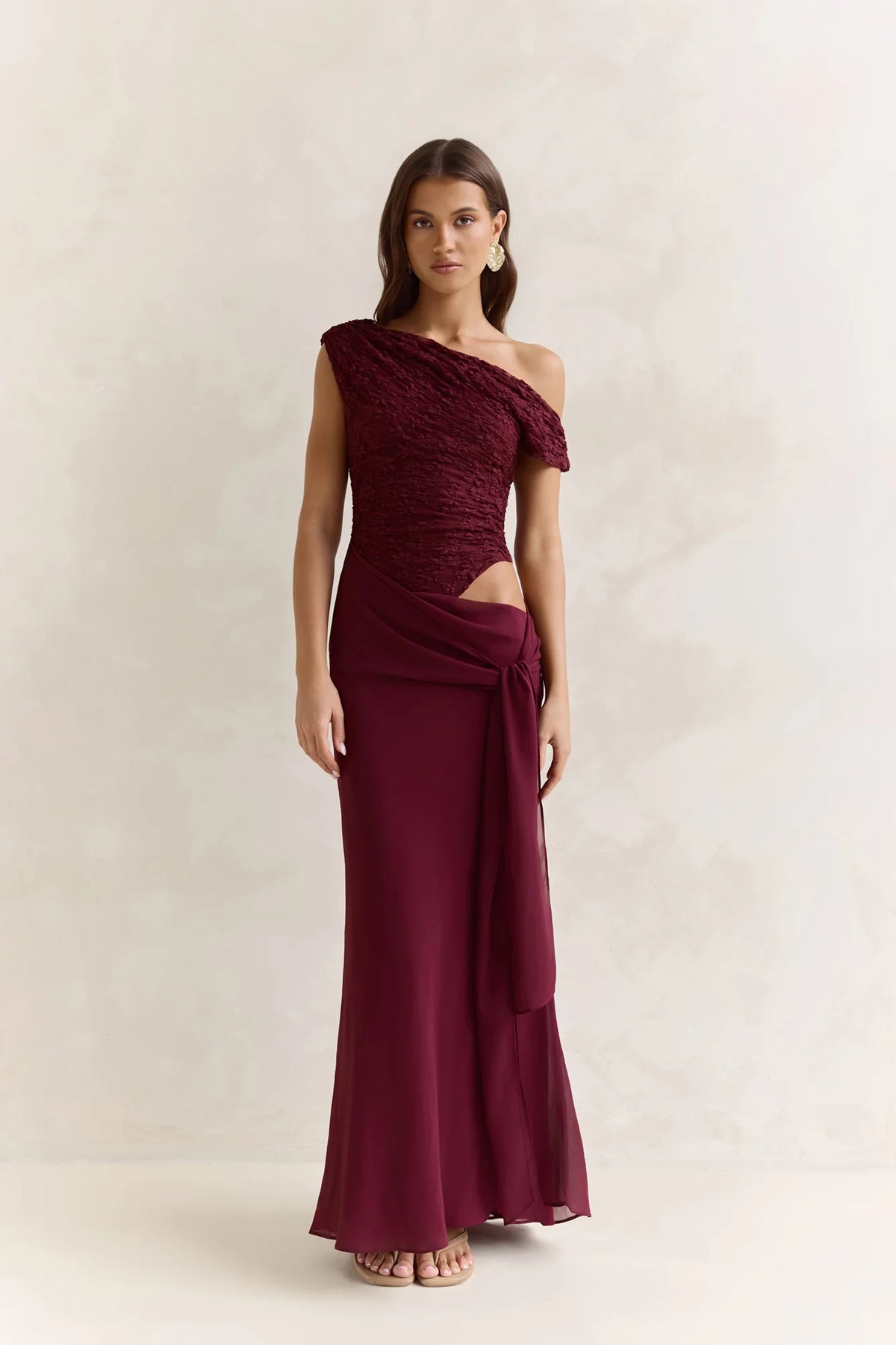 Modernity Mesh Off Shoulder Maxi Dress Burgundy