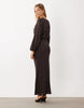 Long Sleeve Blouson Maxi Dress In Spot Print In Chocolate And Blue Spot