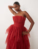 Lace & Beads Tulle Bandeau Tiered Maxi Dress In Red