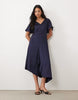 V Neck Satin Midi Tea Dress In Navy