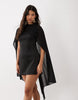 Mini Dress With Sheer Cape Shoulder In Black Scuba-Style Fabric