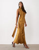 Pretty Lavish Satin Jacquard Bias Drape Scarf Detail Maxi Dress In Gold Floral