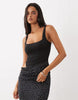 Oh Polly Modal Squareneck Bodice Draped Skirt Detail Midi Dress In Black Polka Dot