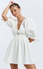 Zandra Mini Dress - Puff Sleeve Poplin Dress in White