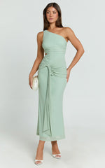 Mandy Midi Dress - Knot Detail Cut Out Mesh Dress in Sage