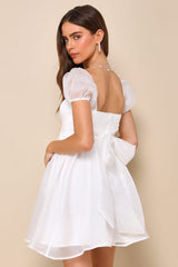 Sweetest Grace Shiny White Organza Puff Sleeve Mini Dress