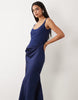 Deep Scoop Neck Maxi Dress With Asymmetric Draped Skirt Overlay In Navy