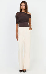 Sophia Top - Draped One Shoulder Mesh Overlay Top in Chocolate