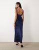 Deep Scoop Neck Maxi Dress With Asymmetric Draped Skirt Overlay In Navy