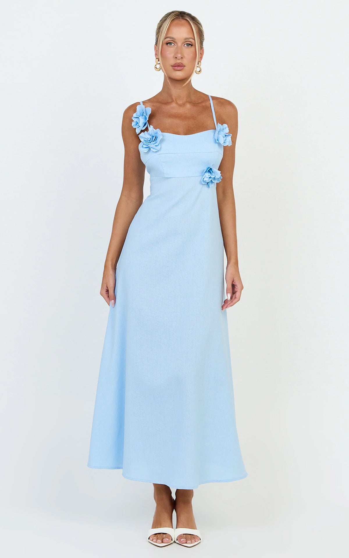 Ondine Midi Dress - 3D Flower Strappy Dress in Blue