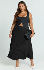 Harlee Midi Skirt - Pleated High Waist A Line Skirt in Black