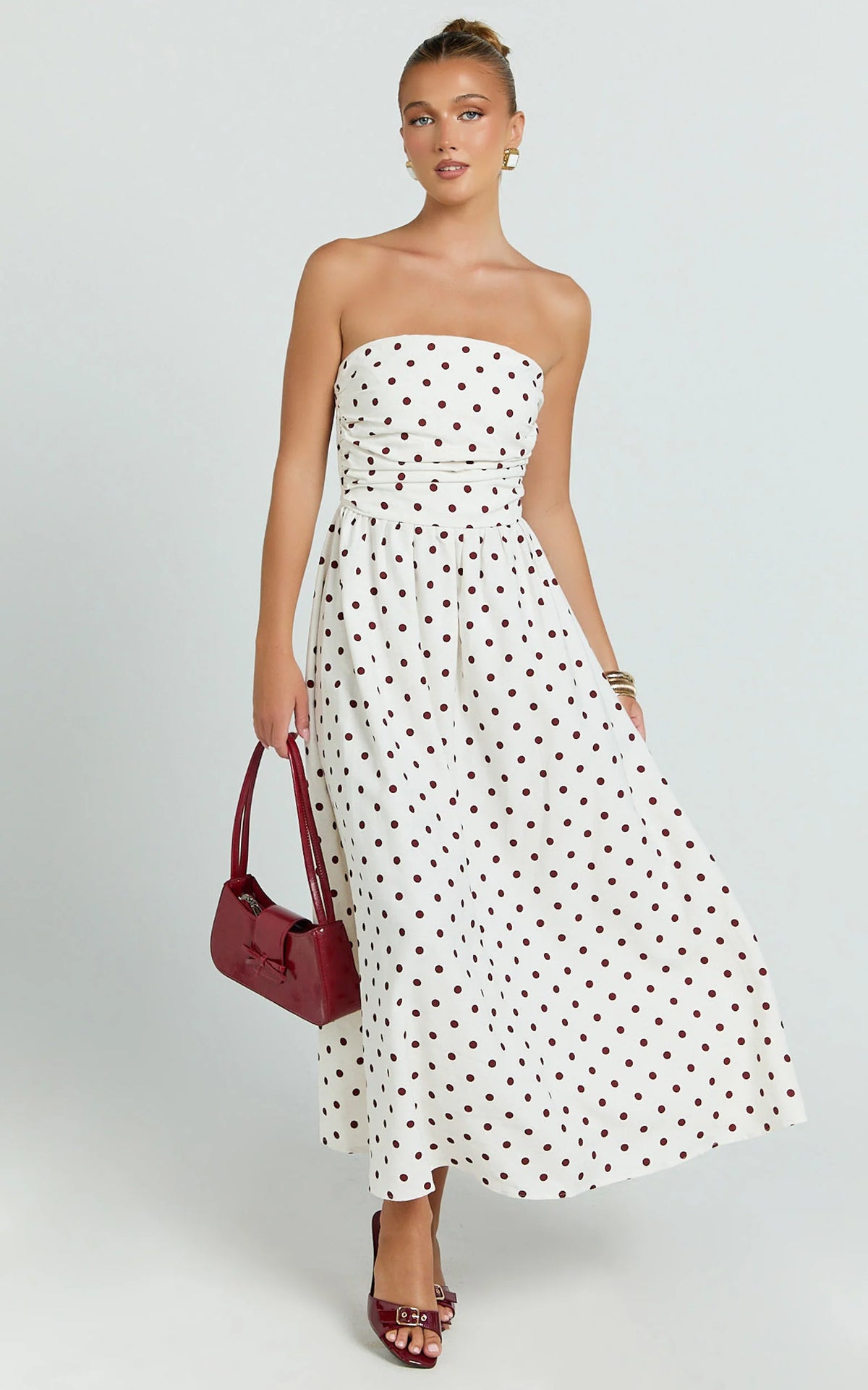 Polly Midi Dress - Strapless Ruched Dress in Red Polka Dot