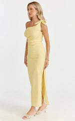 Cincinnati Midi Dress - Off The Shoulder Side Split Column Linen Dress in Lemon