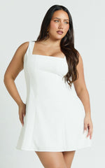 Adiana Mini Dress - Linen Square Neck Shirred Back A Line Dress in Off White